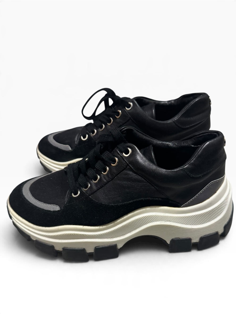 Black Platform Chunky Leather/Suede Sneakers for Women - Reflective Trim
